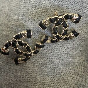 Authentic Chanel Gold and Black Lambskin Leather Interlocked CC Earrings $1825